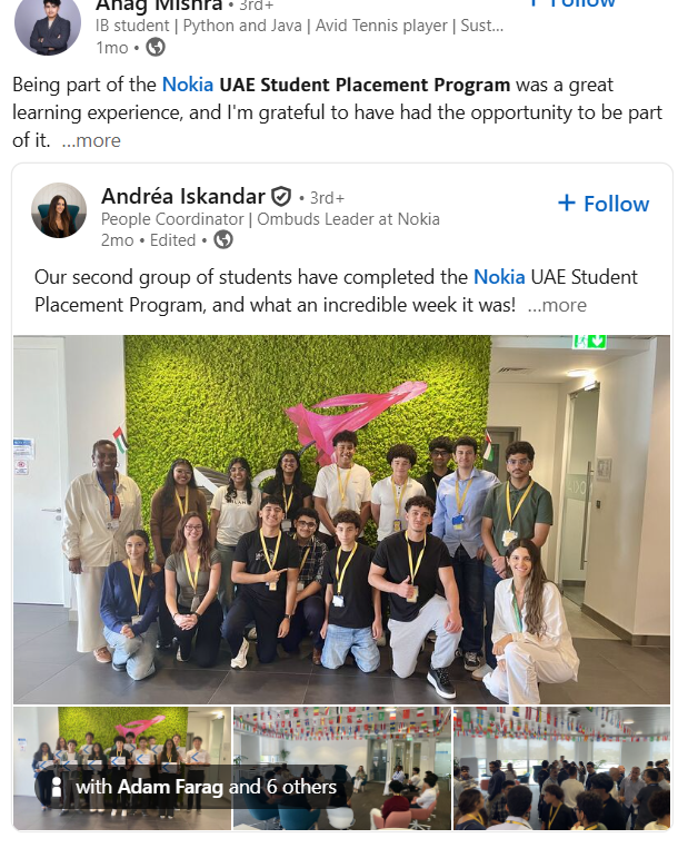 Nokia UAE Student Placement Program LinkedIn post
